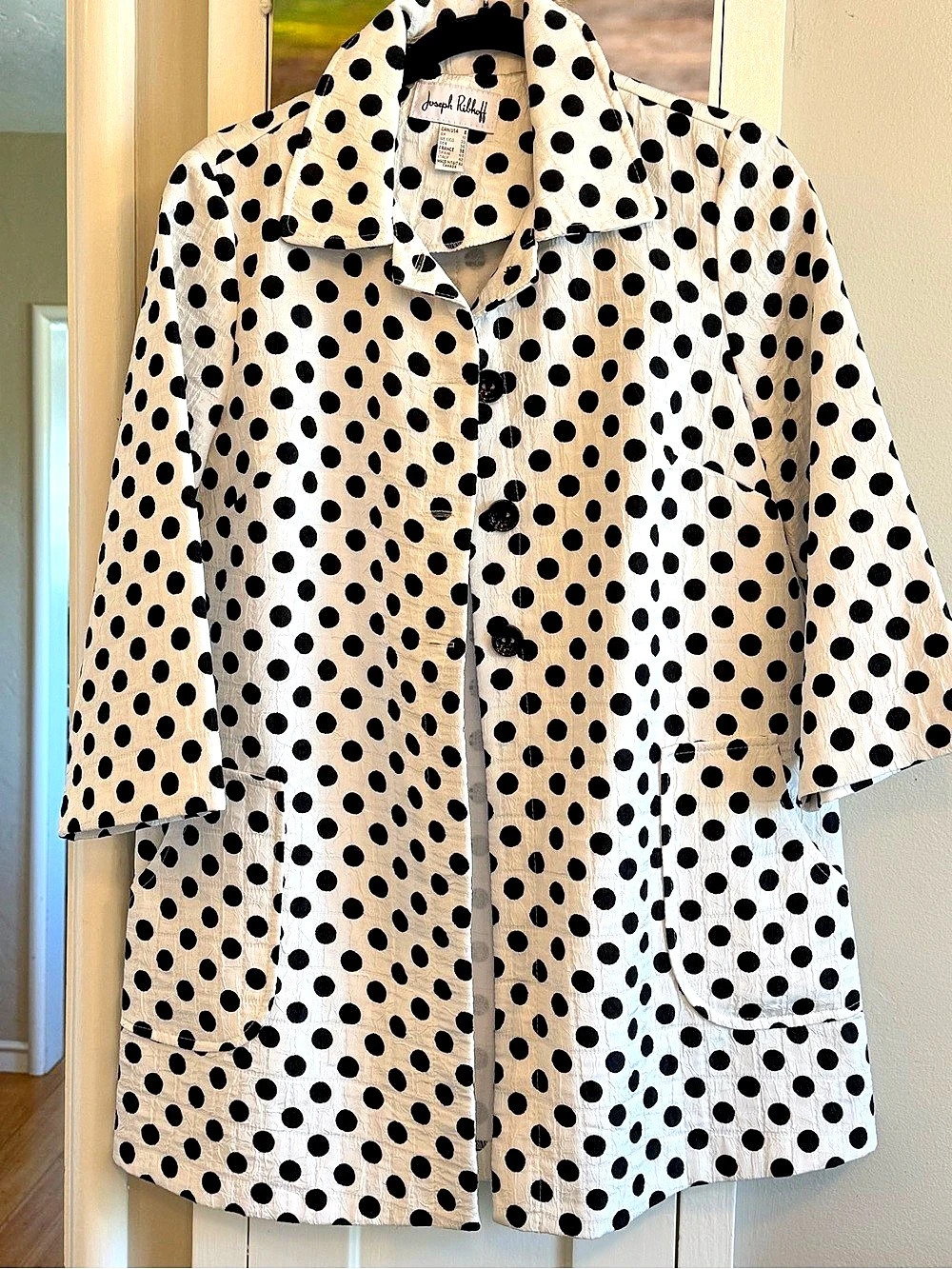Joseph Ribkoff Polka Dot Textured Long Jacket Coat Black White Size 8